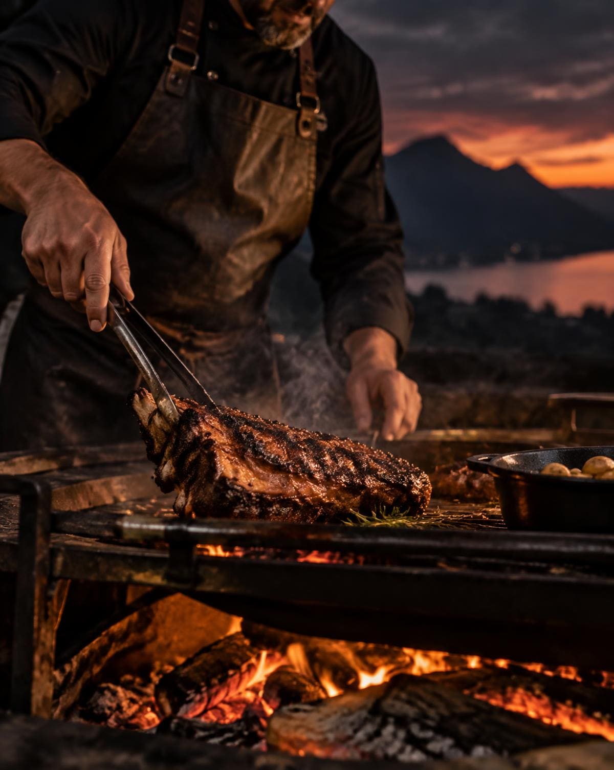 Cocinero dando vuelta un corte sobre las brasas al atardecer
